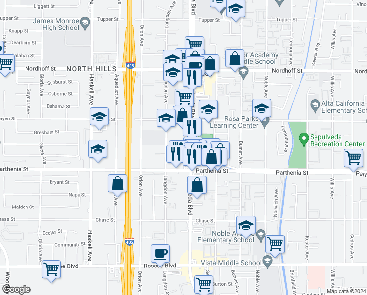 map of restaurants, bars, coffee shops, grocery stores, and more near 8757 Sepulveda Boulevard in Los Angeles