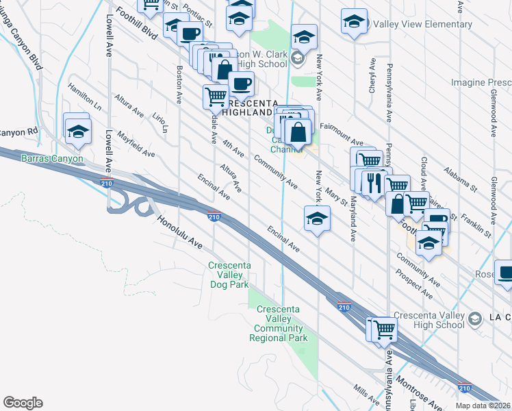 map of restaurants, bars, coffee shops, grocery stores, and more near 3544 Altura Avenue in Glendale