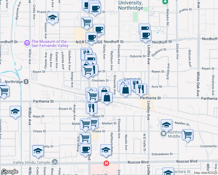 map of restaurants, bars, coffee shops, grocery stores, and more near 8744 Darby Avenue in Los Angeles