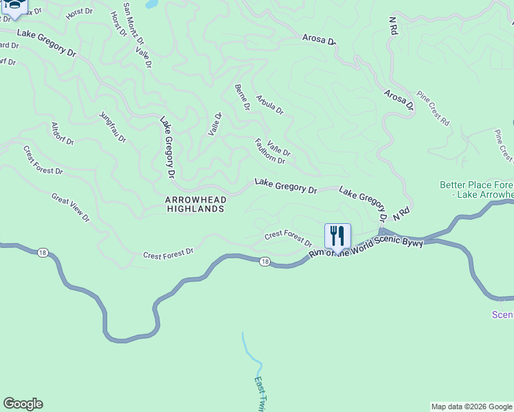 map of restaurants, bars, coffee shops, grocery stores, and more near 24938 Highland Drive in Crestline