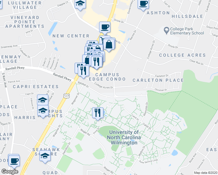 map of restaurants, bars, coffee shops, grocery stores, and more near 4751 College Acres Drive in Wilmington