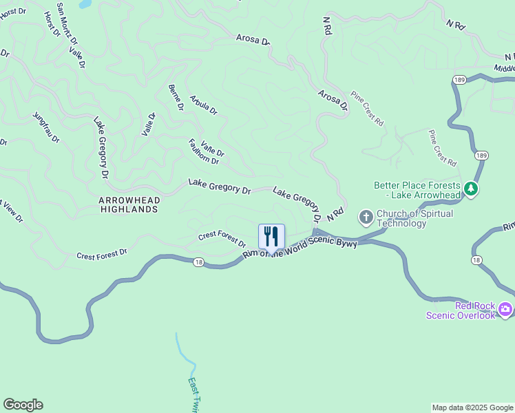 map of restaurants, bars, coffee shops, grocery stores, and more near Scenic View Drive in Crestline