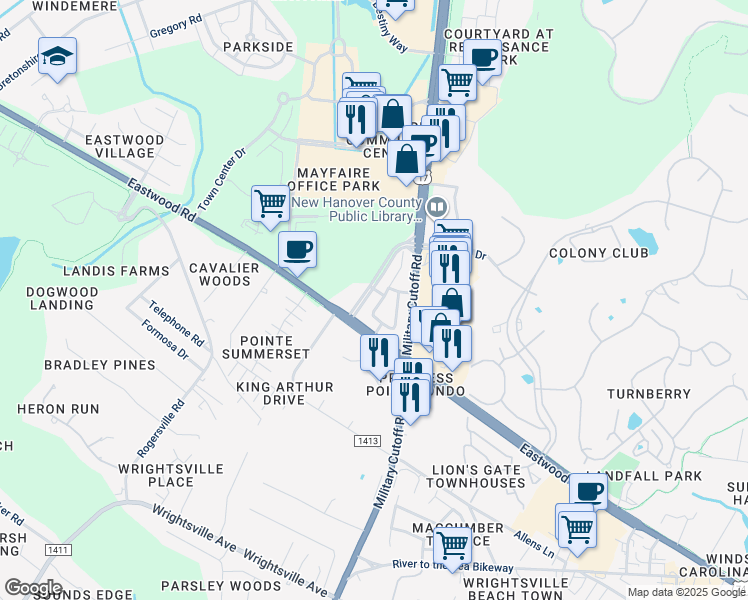 map of restaurants, bars, coffee shops, grocery stores, and more near 1306 Clipper Lane in Wilmington