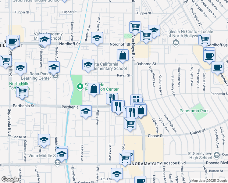 map of restaurants, bars, coffee shops, grocery stores, and more near 8800 Cedros Avenue in Los Angeles