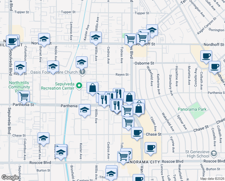 map of restaurants, bars, coffee shops, grocery stores, and more near 8800 Cedros Avenue in Los Angeles