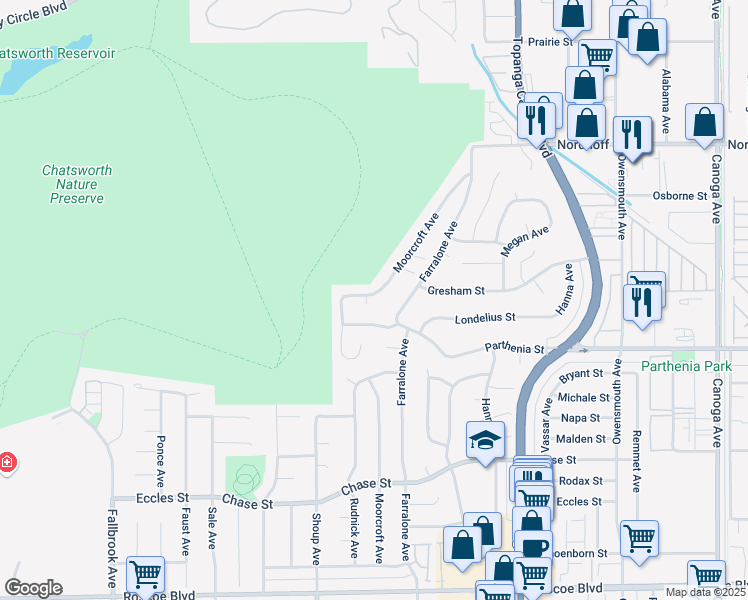 map of restaurants, bars, coffee shops, grocery stores, and more near 8728 Moorcroft Place in Los Angeles
