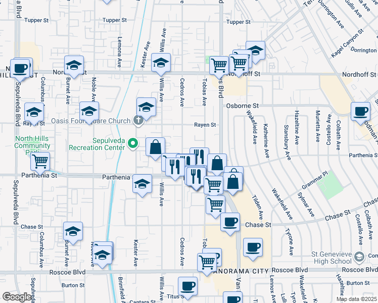 map of restaurants, bars, coffee shops, grocery stores, and more near 8800 Cedros Avenue in Los Angeles