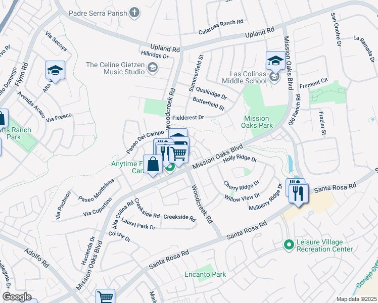 map of restaurants, bars, coffee shops, grocery stores, and more near 1225 Mission Verde Drive in Camarillo