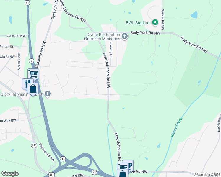 map of restaurants, bars, coffee shops, grocery stores, and more near 186 Mac Johnson Road Northwest in Cartersville