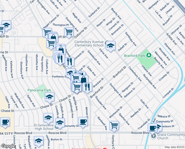map of restaurants, bars, coffee shops, grocery stores, and more near 8823 Zeiler Ave in Los Angeles