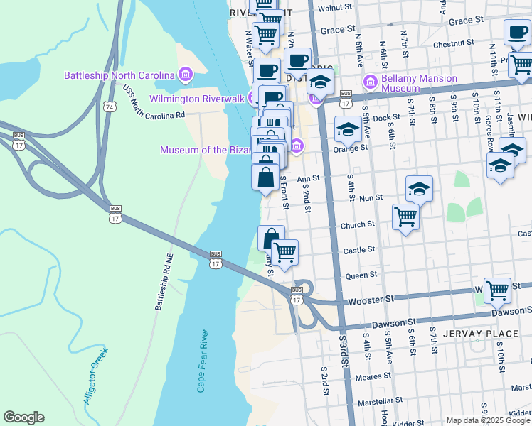 map of restaurants, bars, coffee shops, grocery stores, and more near 6 Nun Street in Wilmington