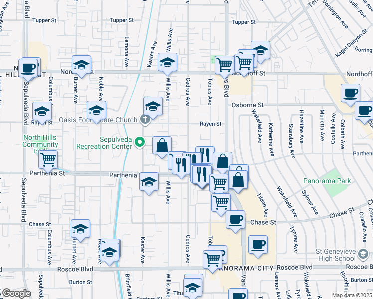map of restaurants, bars, coffee shops, grocery stores, and more near 8801 Cedros Avenue in Los Angeles