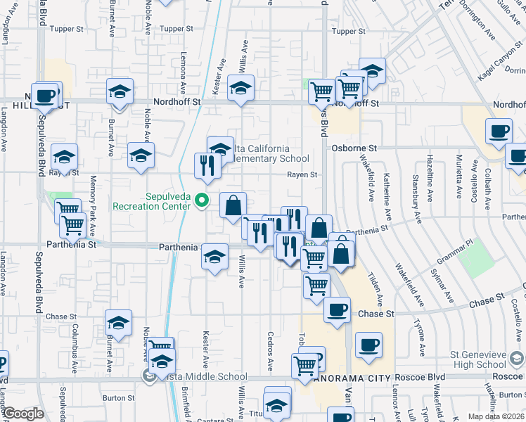 map of restaurants, bars, coffee shops, grocery stores, and more near 8801 Cedros Avenue in Los Angeles