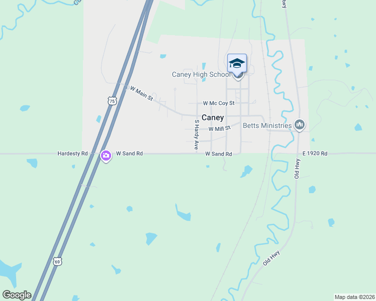 map of restaurants, bars, coffee shops, grocery stores, and more near 405 West Sand Road in Caney