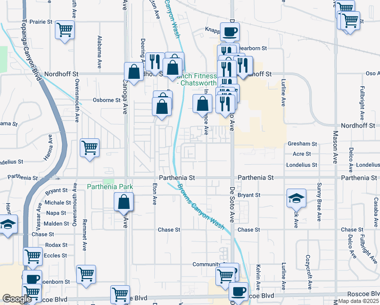 map of restaurants, bars, coffee shops, grocery stores, and more near 21030 Gresham Street in Canoga Park