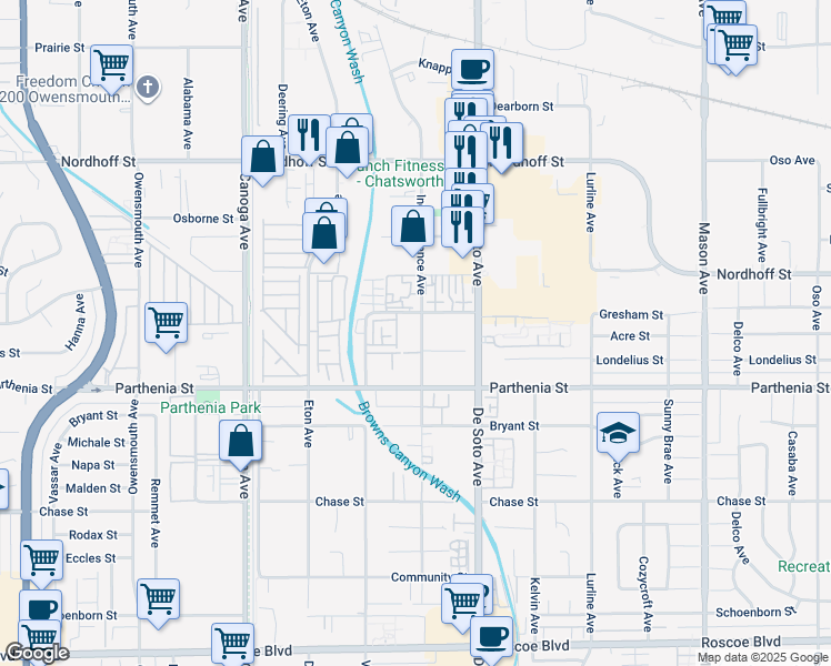 map of restaurants, bars, coffee shops, grocery stores, and more near 8801 Independence Avenue in Los Angeles