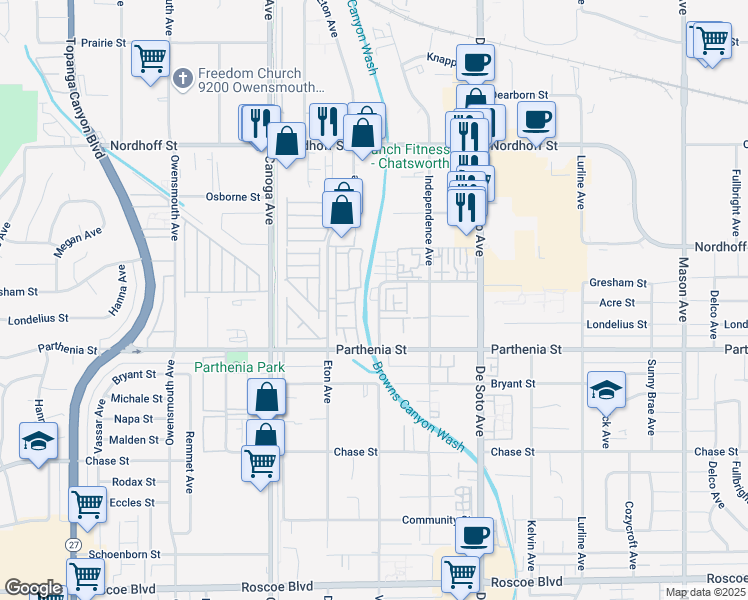 map of restaurants, bars, coffee shops, grocery stores, and more near 8745 Variel Avenue in Los Angeles