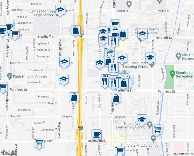 map of restaurants, bars, coffee shops, grocery stores, and more near 8759 Langdon Avenue in Los Angeles
