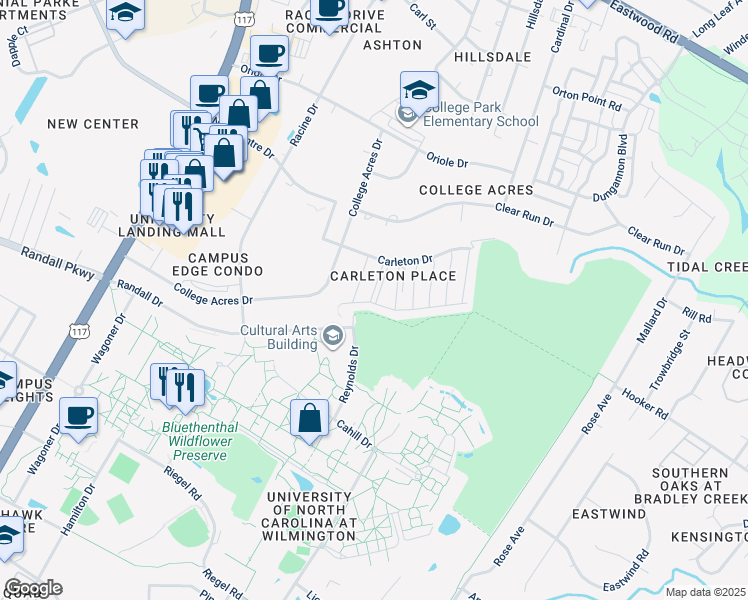 map of restaurants, bars, coffee shops, grocery stores, and more near 5006 Carleton Drive in Wilmington