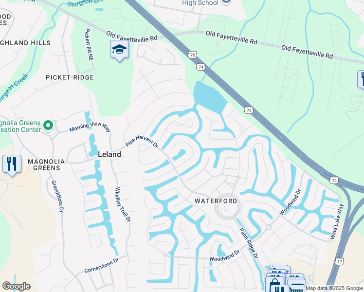 map of restaurants, bars, coffee shops, grocery stores, and more near 1325 Hydrangea Court in Leland