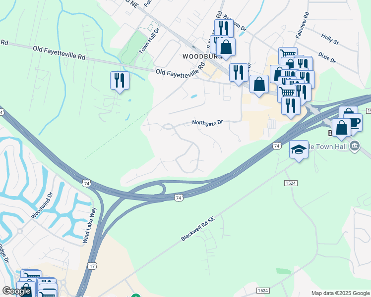 map of restaurants, bars, coffee shops, grocery stores, and more near 2224 Cottagefield Lane in Leland