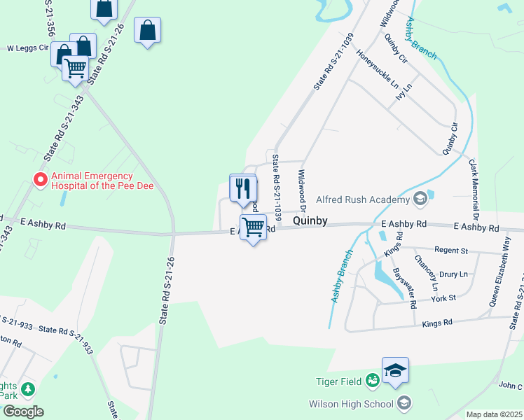 map of restaurants, bars, coffee shops, grocery stores, and more near 101 Dogwood Lane in Quinby