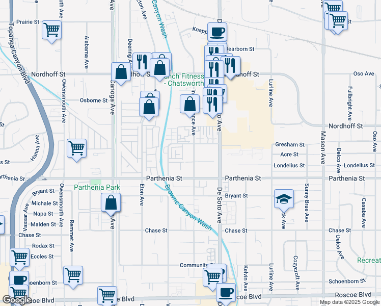 map of restaurants, bars, coffee shops, grocery stores, and more near 8801 Independence Avenue in Los Angeles