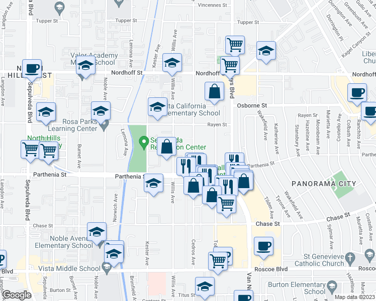 map of restaurants, bars, coffee shops, grocery stores, and more near 8786 Cedros Avenue in Los Angeles