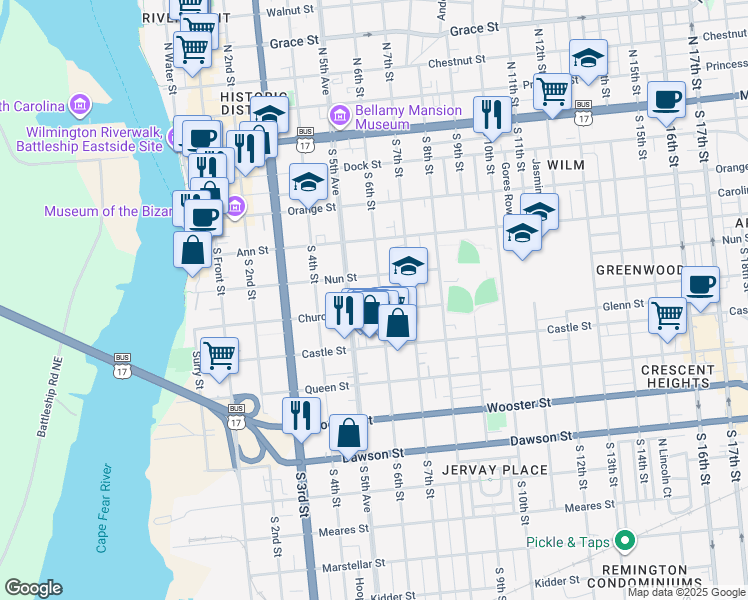 map of restaurants, bars, coffee shops, grocery stores, and more near 418 South 6th Street in Wilmington