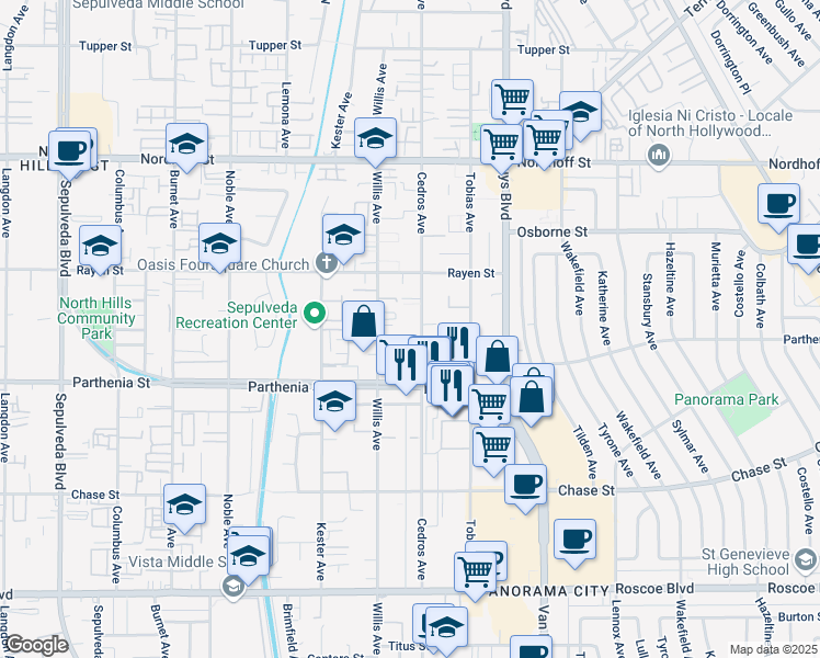 map of restaurants, bars, coffee shops, grocery stores, and more near 8801 Cedros Avenue in Los Angeles