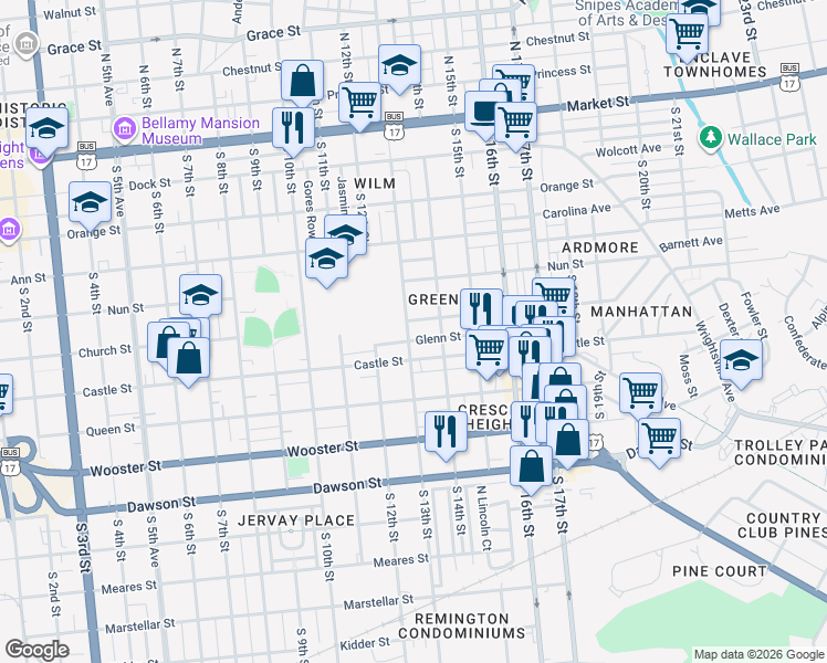 map of restaurants, bars, coffee shops, grocery stores, and more near 519 South 13th Street in Wilmington
