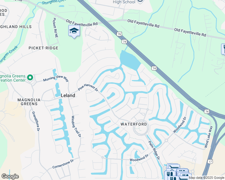 map of restaurants, bars, coffee shops, grocery stores, and more near 1325 Hydrangea Court in Leland