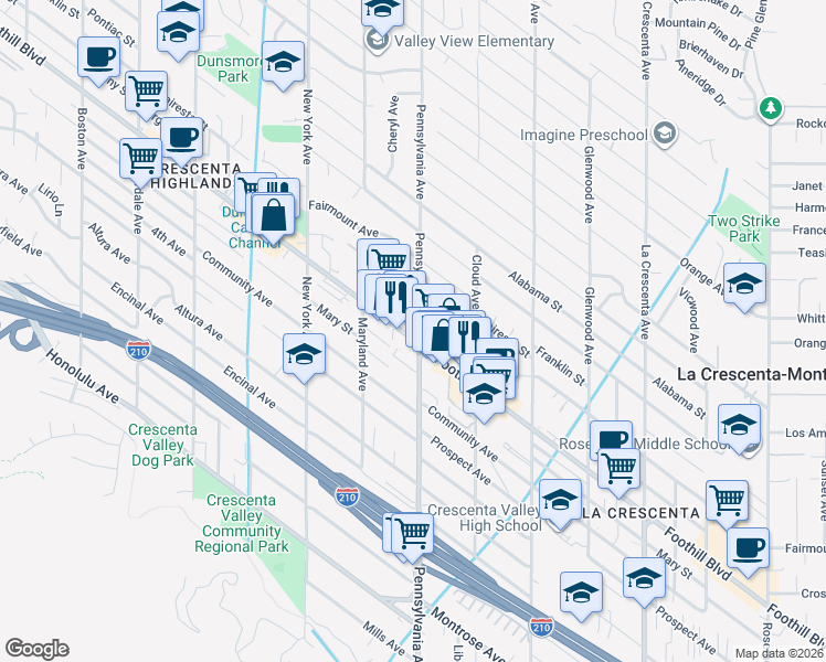map of restaurants, bars, coffee shops, grocery stores, and more near 3231 Foothill Boulevard in Glendale