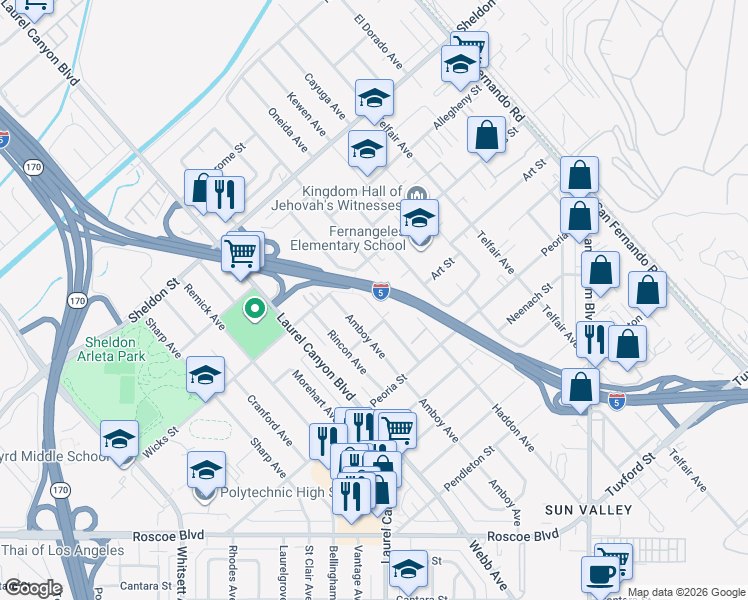 map of restaurants, bars, coffee shops, grocery stores, and more near 12103 Art Street in Los Angeles
