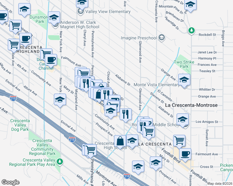 map of restaurants, bars, coffee shops, grocery stores, and more near 3033 Fairesta Street in La Crescenta-Montrose