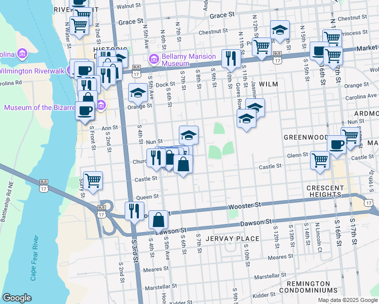 map of restaurants, bars, coffee shops, grocery stores, and more near in Wilmington
