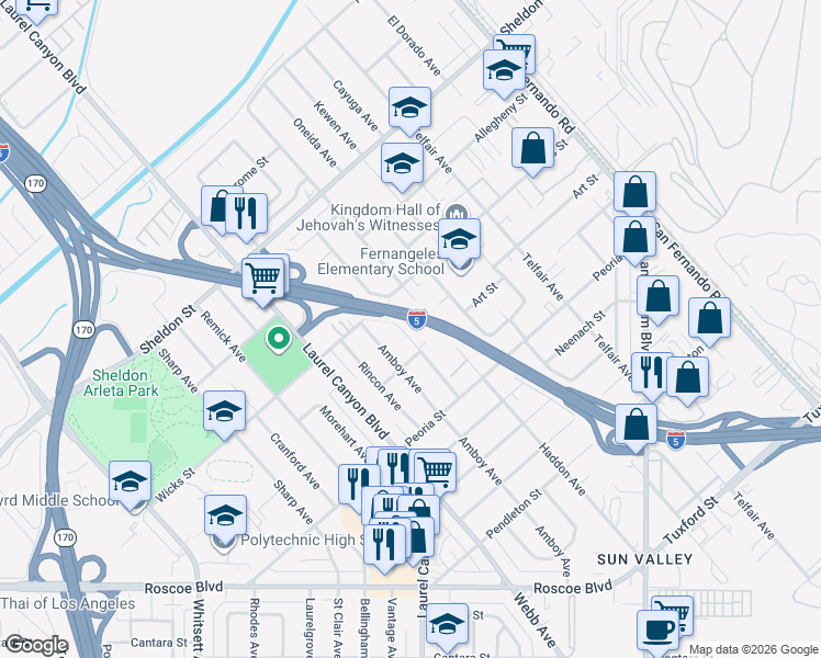 map of restaurants, bars, coffee shops, grocery stores, and more near 12103 Art Street in Los Angeles