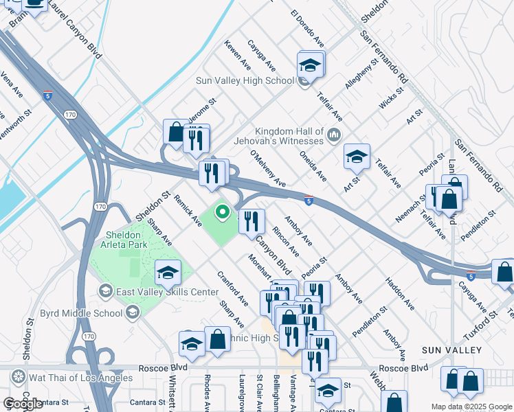 map of restaurants, bars, coffee shops, grocery stores, and more near 12215 Wicks Street in Los Angeles