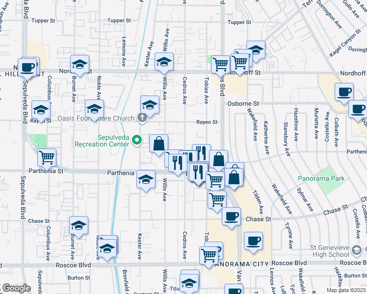 map of restaurants, bars, coffee shops, grocery stores, and more near 8786 Cedros Avenue in Los Angeles