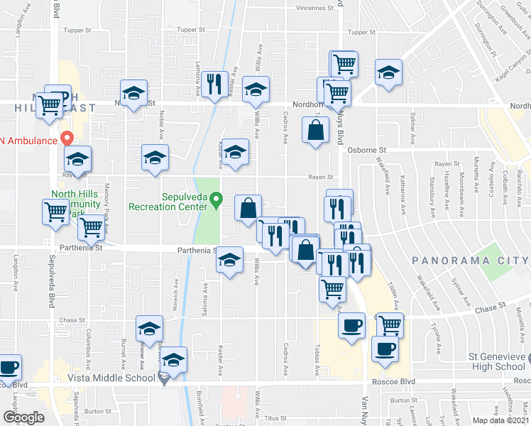 map of restaurants, bars, coffee shops, grocery stores, and more near 8802 Willis Avenue in Los Angeles
