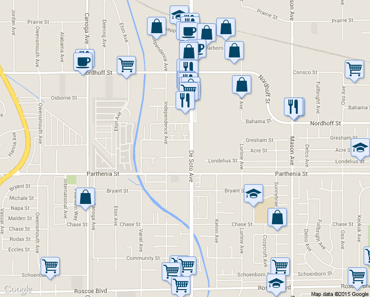 map of restaurants, bars, coffee shops, grocery stores, and more near 20904 Gresham Street in Los Angeles