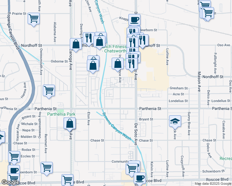 map of restaurants, bars, coffee shops, grocery stores, and more near 21030 Gresham Street in Los Angeles