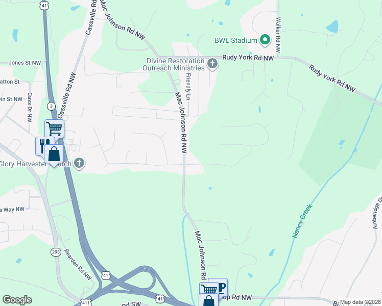 map of restaurants, bars, coffee shops, grocery stores, and more near 186 Mac Johnson Road Northwest in Cartersville