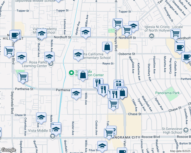 map of restaurants, bars, coffee shops, grocery stores, and more near 8801 Cedros Avenue in Los Angeles