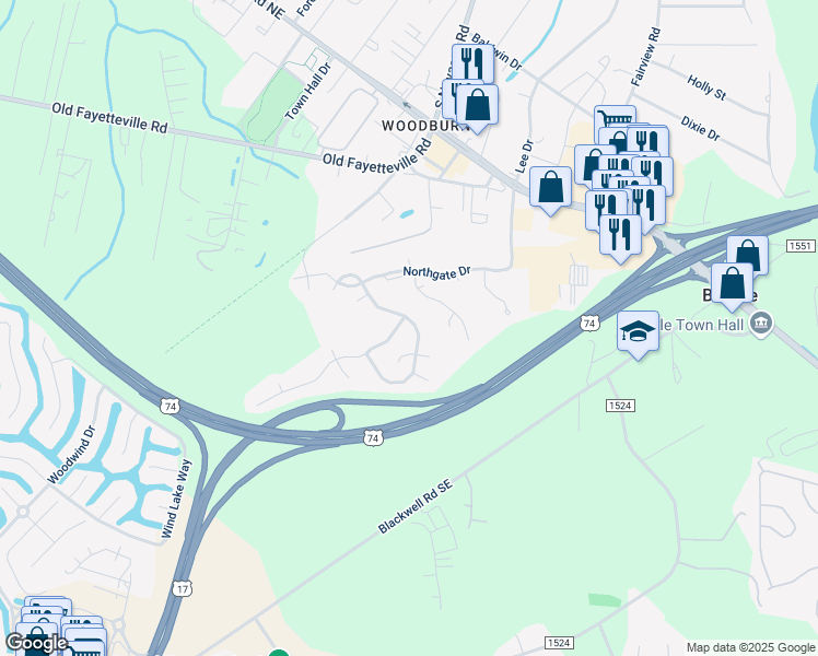 map of restaurants, bars, coffee shops, grocery stores, and more near 2058 Willows Creek Lane in Leland