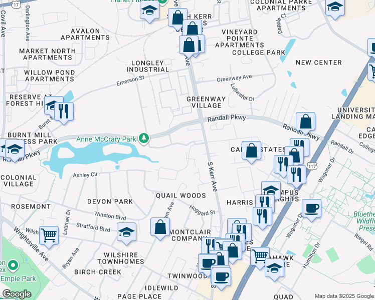 map of restaurants, bars, coffee shops, grocery stores, and more near 400 Mill Creek Court in Wilmington