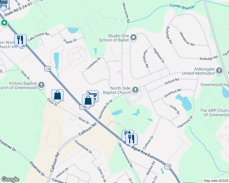 map of restaurants, bars, coffee shops, grocery stores, and more near 104 Locksley Drive in Greenwood