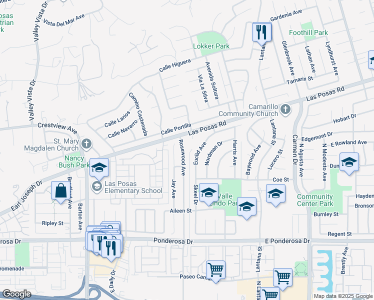 map of restaurants, bars, coffee shops, grocery stores, and more near 1208 Rosewood Avenue in Camarillo