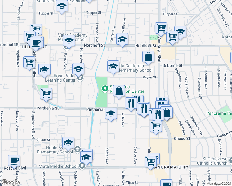 map of restaurants, bars, coffee shops, grocery stores, and more near 8801 Cedros Avenue in Los Angeles