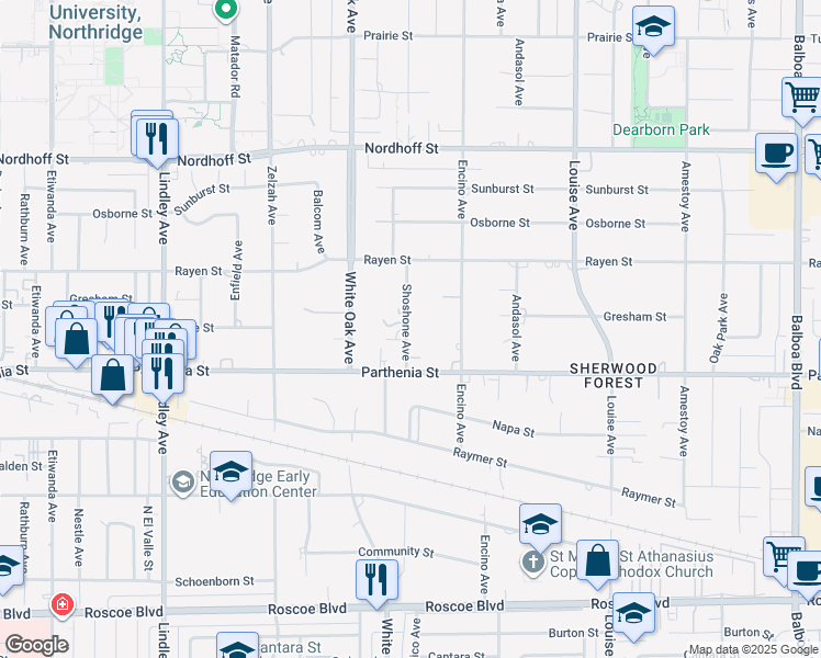 map of restaurants, bars, coffee shops, grocery stores, and more near 8757 Shoshone Avenue in Los Angeles